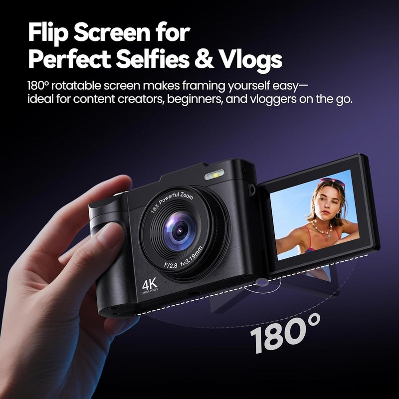 ROQIOO كاميرا رقمية 4K للتصوير الفوتوغرافي والفلوغ: كاميرات 50MP للفيديو - كاميرا تصوير 16X هدايا للمراهقين من 8-16 سنة - شاشة قابلة للتدوير 180° كاميرا مدمجة - كاميرات رقمية للتصوير الفوتوغرافي لليوتيوب - Image 3